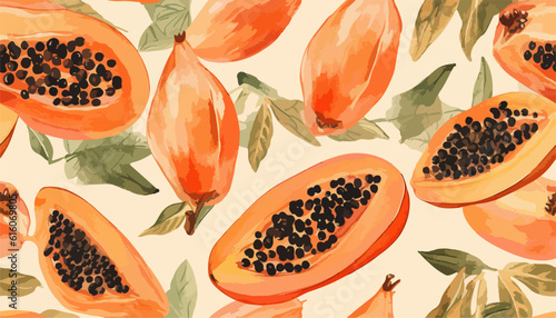 Watercolour Tropical Papaya design Seamless Pattern on white background. Hand Drawing repeat Pear Fruit , full and cut, green branch leaves. Vector Illustration
