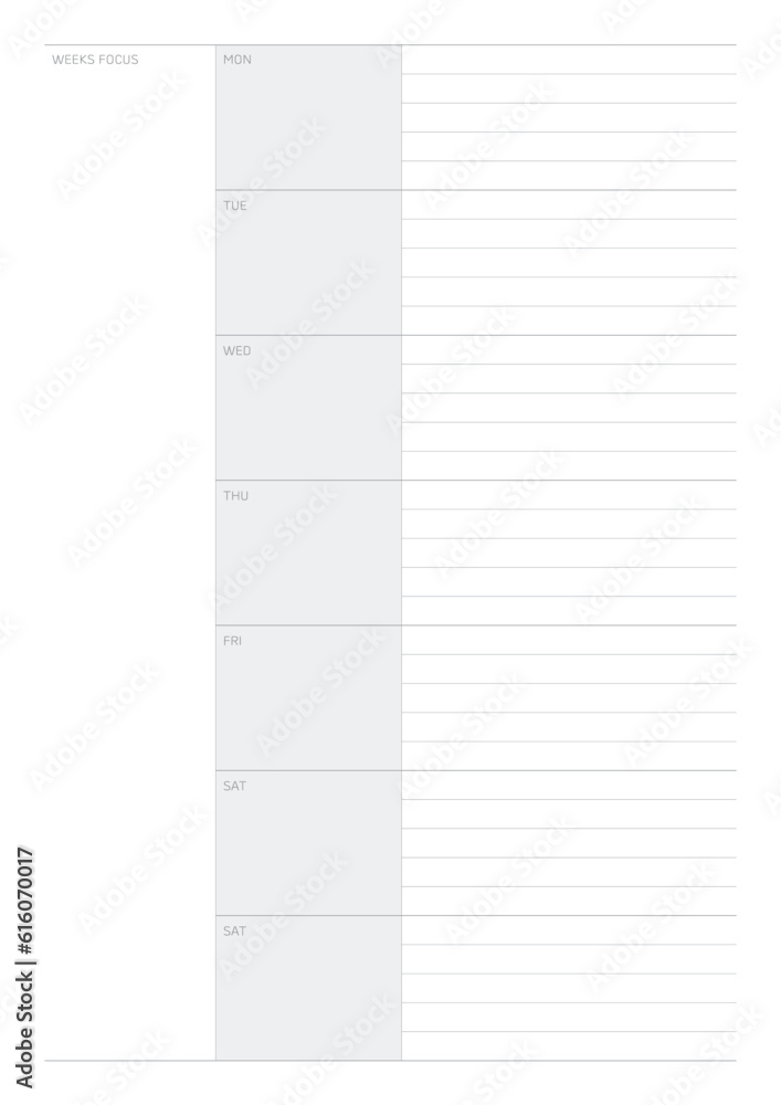 A weekly plan design template in a modern, simple, and minimalist style. Note, scheduler, diary, calendar, planner document template illustration. A weekly plan design template in a modern, simple, and minimalist style. Note, scheduler, diary, calendar, planner document template illustration.