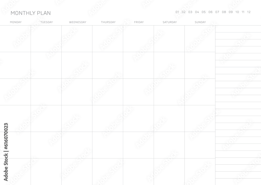 A monthly plan template with a simple and minimal style. Note, scheduler, diary, calendar planner document template illustration. - obrazy, fototapety, plakaty 