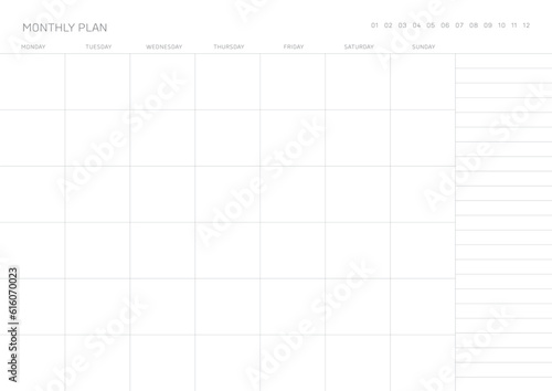A monthly plan template with a simple and minimal style. Note, scheduler, diary, calendar planner document template illustration.