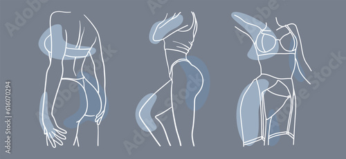 Body woman set white line art drawing with shape on blue background. Minimal design. Vector outline illustration