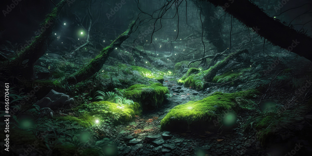 A mossy forest with floating lights at night - Generative AI A mossy forest with floating lights at night - Generative AI