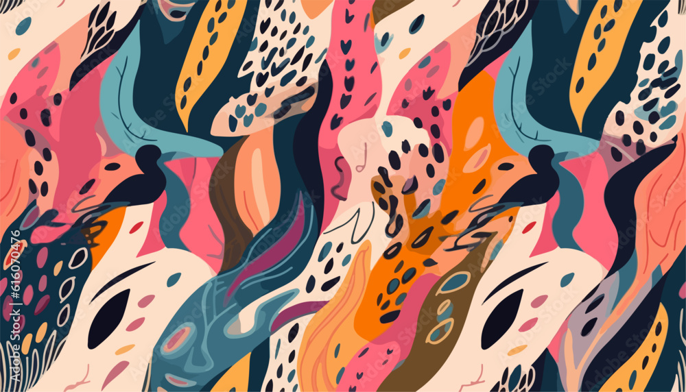 Fototapeta premium Hand drawn contemporary cartoon style colorful print. Trendy abstract seamless pattern. Fashionable template for design