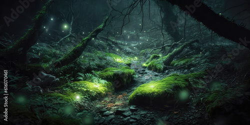 A mossy forest with floating lights at night - Generative AI