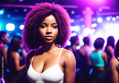 Beautiful african american girl at a nightclub party. A woman poses at a social event. Generative AI