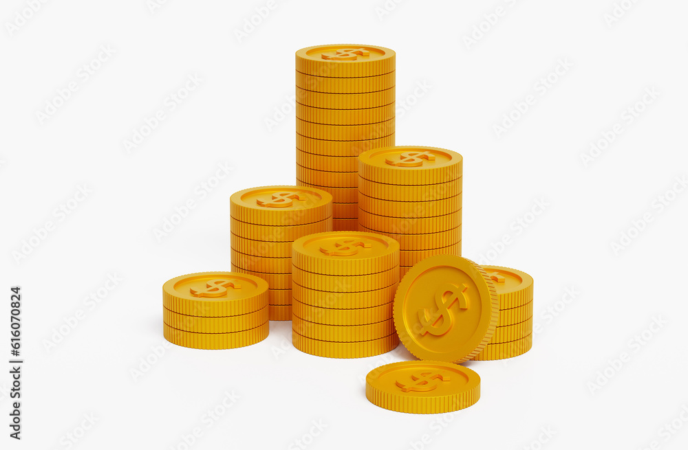 Stack of gold coin currency market. Financial investment, money banking, treasure, wealth, cash, golden coins pile isolated on white economy background with business earnings profit sign. 3D render Stack of gold coin currency market. Financial investment, money banking, treasure, wealth, cash, golden coins pile isolated on white economy background with business earnings profit sign. 3D render