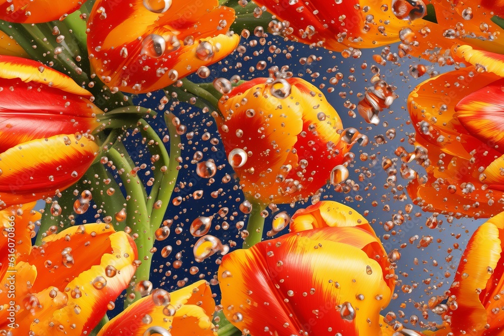 red and yellow tulips with splash water drops illustration infinite repeat pattern. Black background