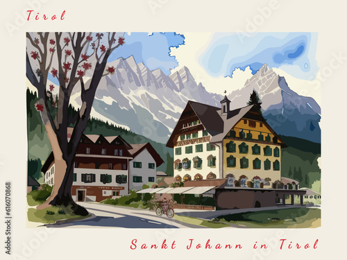 Sankt Johann in Tirol: Postcard design with a scene in Austria and the city name Sankt Johann in Tirol