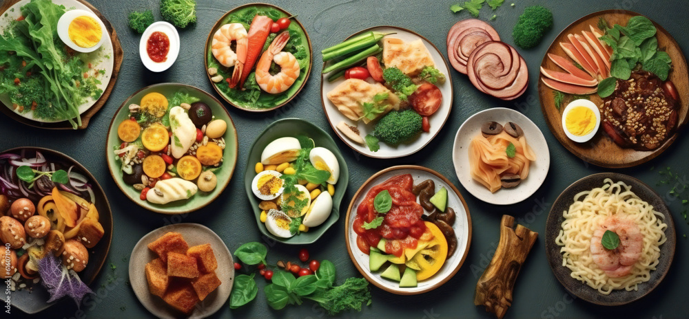 Assortment of healthy food dishes. Generative ai Assortment of healthy food dishes. Generative ai
