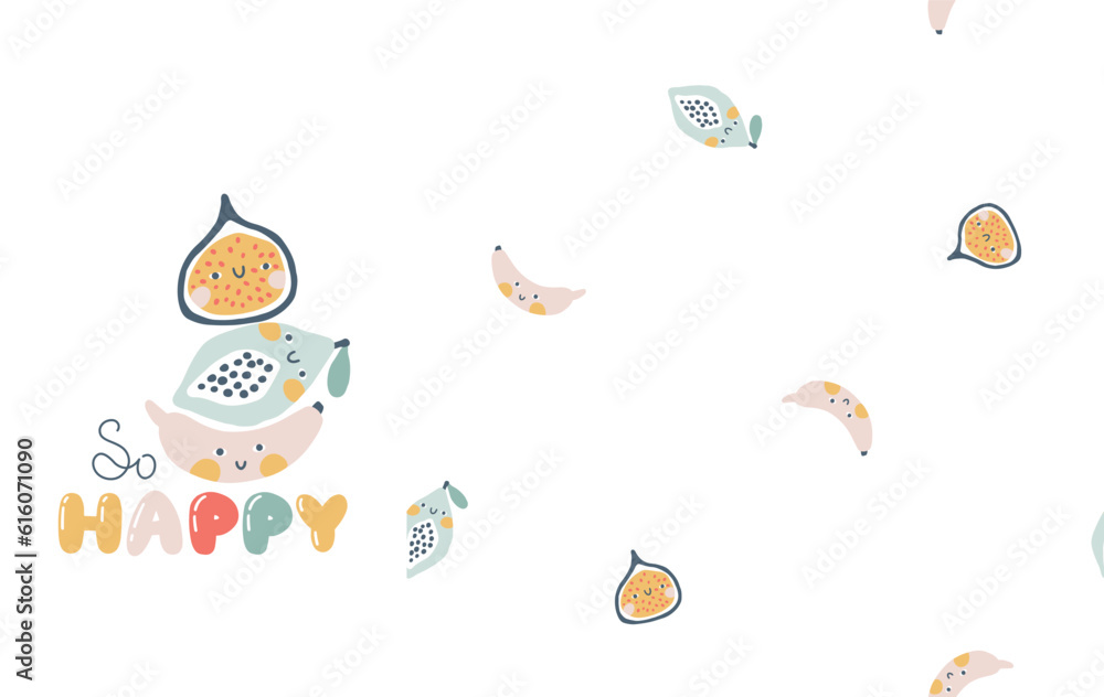Fototapeta premium Fruits characters with smiley face funny inscription. So Happy. Set with seamless pattern. Hand-drawn cartoon doodle in simple naive style. Vector illustrations for kids. Isolate cute fruit