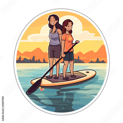 Two girls paddle a paddleboard in the middle of a rive. Cartoon vector illustration. label, sticker