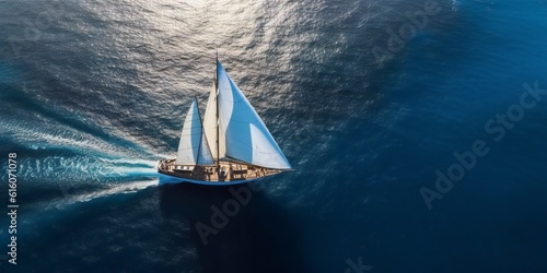 Aerial view of a big sailboat on the tropical sea with copy space for text. Generative ai