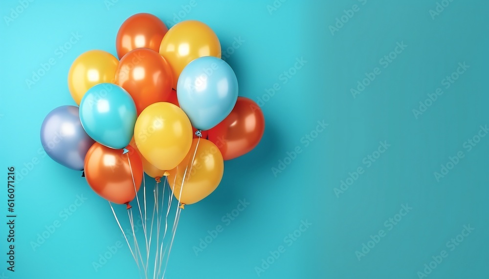 Bunch of bright balloons on blue background with copy space. Generative ai Bunch of bright balloons on blue background with copy space. Generative ai