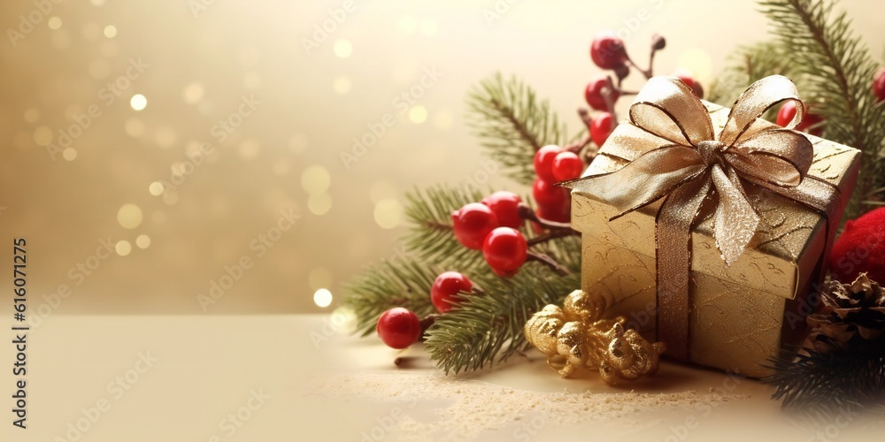 Christmas decoration composition on light gold background with copy space. Generative ai Christmas decoration composition on light gold background with copy space. Generative ai