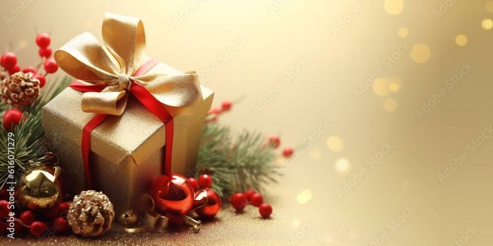 Christmas decoration composition on light gold background with copy space. Generative ai Christmas decoration composition on light gold background with copy space. Generative ai