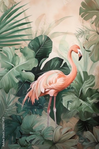 Flamingo and monstera leaves, palm leaves. Generative ai