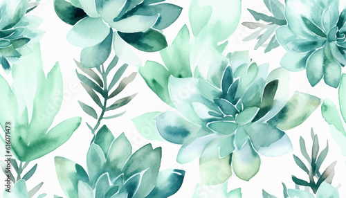 Watercolor vector seamless pattern of cacti and succulent plants isolated on white background