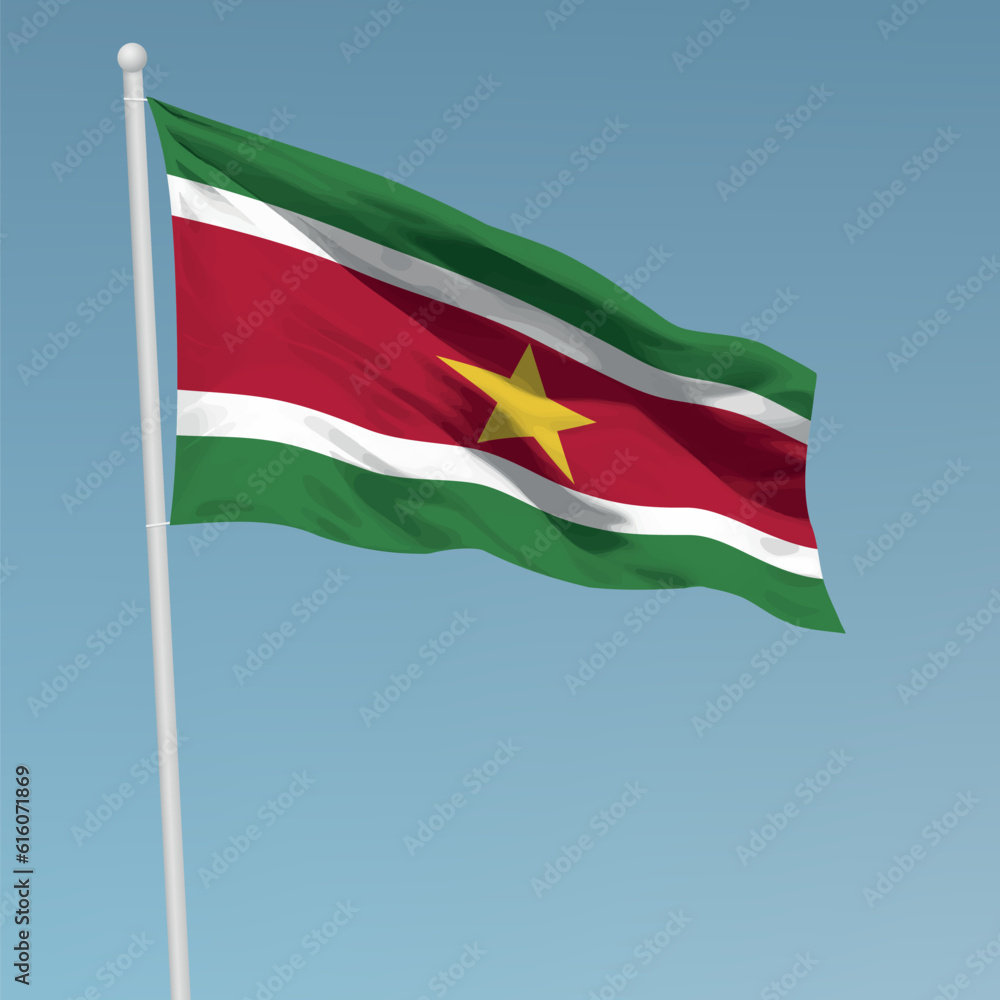 Waving flag of Suriname on flagpole. Template for independence day Waving flag of Suriname on flagpole. Template for independence day
