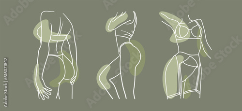 Body woman set white line art drawing with shape on green background. Minimal design. Vector outline illustration