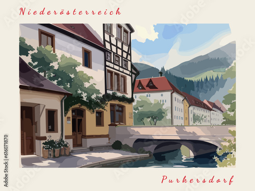 Purkersdorf: Postcard design with a scene in Austria and the city name Purkersdorf photo