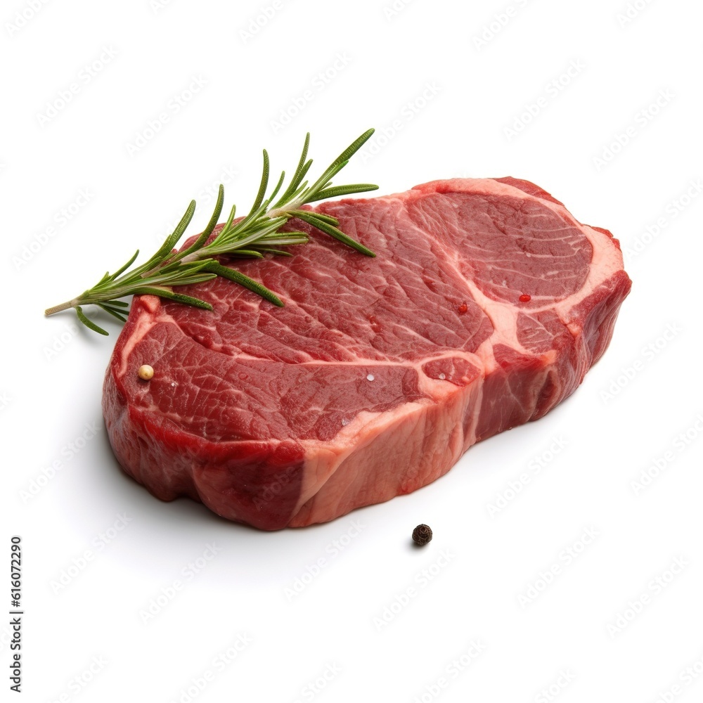 Raw beef steak with rosemary and pepper on white background.