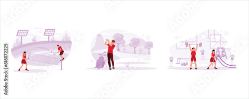 Two tennis players are exercising seriously on the tennis court. Professional golf player ready to score points with his golf club. In the fitness center, a man does weightlifting, and a woman does ba