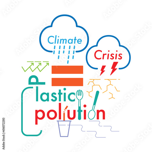 Equal sign as a gimmick of corresponding condition. Plastic pollution equal to climate crisis concept. Vector illustration outline flat design style.