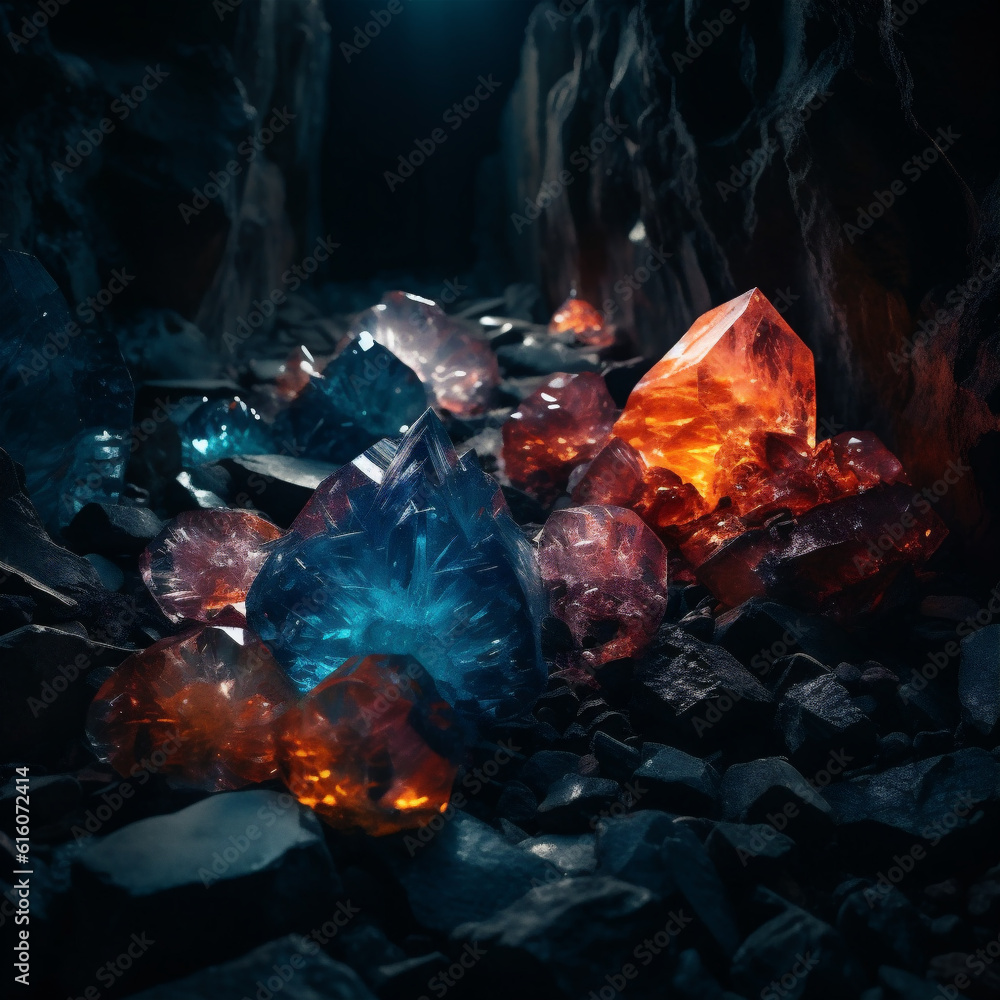 Closeup of colorful crystals in an underground cave Closeup of colorful crystals in an underground cave