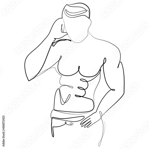 Liner drawing Muscular man in sexy pose vector illustration. muscular macho sexy guy with naked torso topless one line drawing.Male body