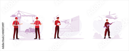 Two architects surveyed a construction site. Police officer records traffic. They armed special forces. Trend modern vector flat illustration.