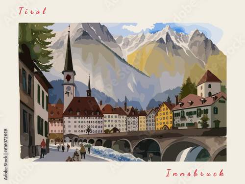 Innsbruck: Postcard design with a scene in Austria and the city name Innsbruck