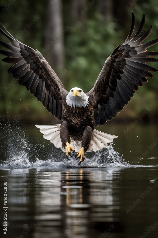 Closeup of eagle flying fishing on lake Closeup of eagle flying fishing on lake