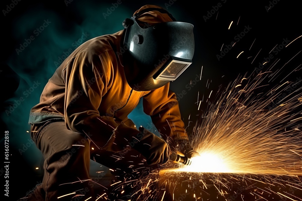 Welder Wearing Welding Gear with Sparks A Skilled Welder in the Industrial Setting with Bokeh and Sparkle Background, Generative AI. Welder Wearing Welding Gear with Sparks A Skilled Welder in the Industrial Setting with Bokeh and Sparkle Background, Generative AI.