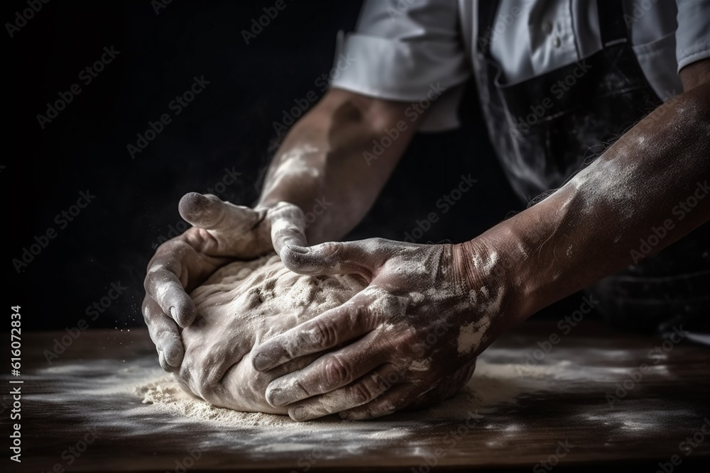 Clos-up of baker's hands kneading dough on wooden table in kitchen