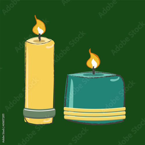 Burning wax or paraffin aromatic candles on green background. Cute hygge home decoration, holiday decorative design element. Flat cartoon colorful vector illustration.