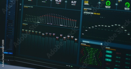 Close up shot of information database system, big data server interface, real-time analysis charts and graphs, blockchain network, cryptocurrency or stocks market displayed on computer digital screen.
