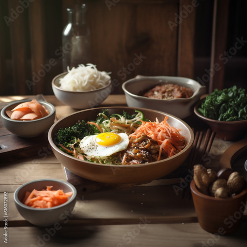 Korean bibimbap set meal on wooden table