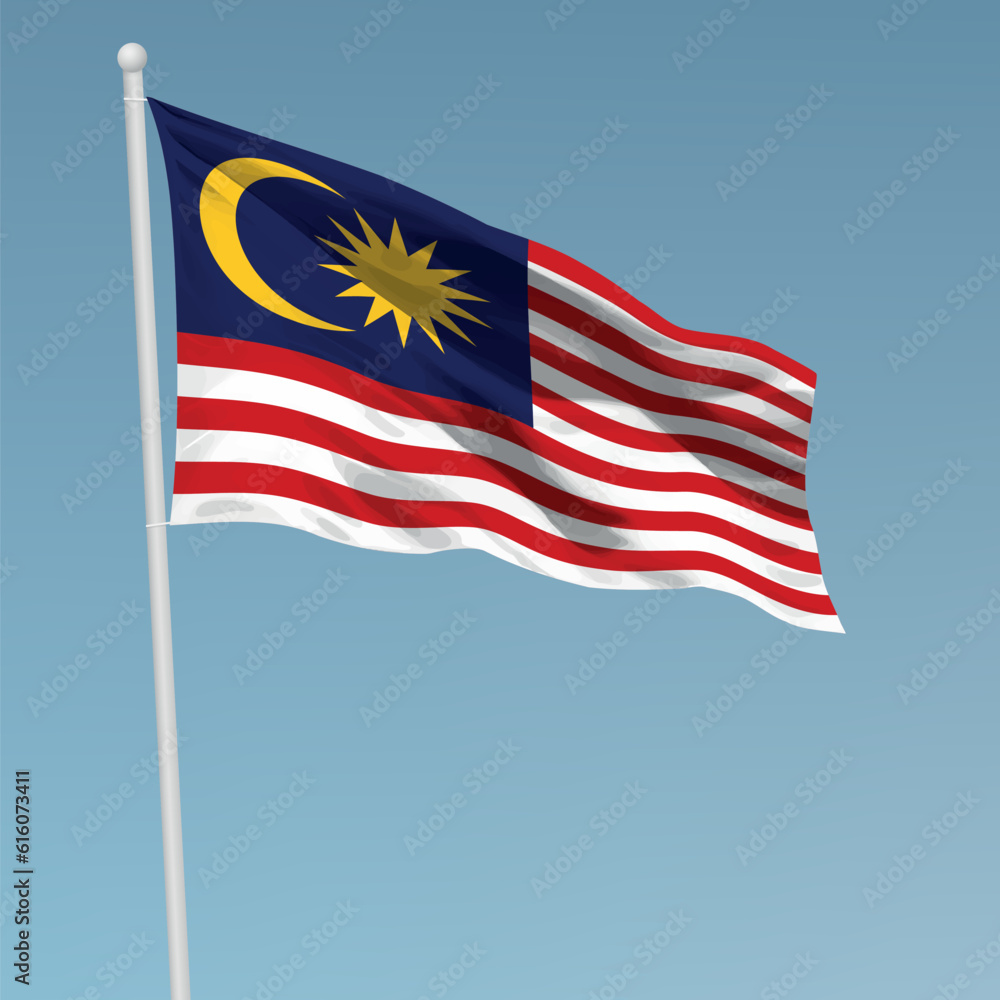 Waving flag of Malaysia on flagpole. Template for independence day Waving flag of Malaysia on flagpole. Template for independence day