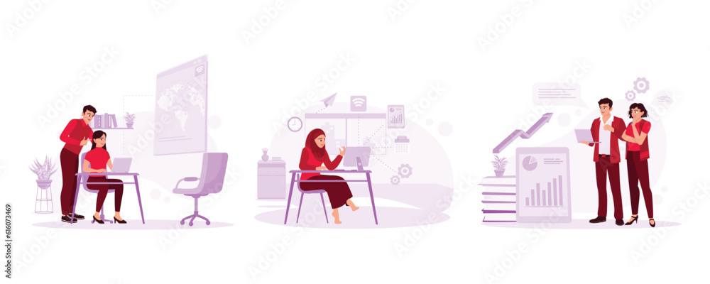 Young couple looking at the laptop screen. Muslim women entrepreneurs work professionally. Young male worker explaining a business idea to a coworker. Trend modern vector flat illustration.