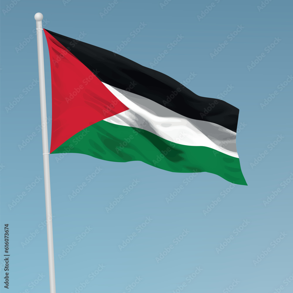 Waving flag of Palestine on flagpole. Template for independence day Waving flag of Palestine on flagpole. Template for independence day