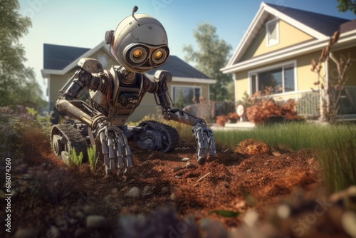 robot android digging a ground on the backyard, ai tools generated image © whitehoune