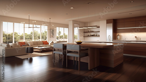 A modern kitchen featuring a combination of white and wood elements, enhanced by the windows that flood the space with natural light. Photorealistic illustration, Generative AI
