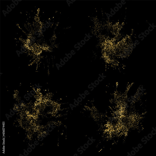 Explosion of golden glitter confetti. Gold dust and particles splatter or shimmer. Sparkling glitter texture effect, set of design elements.