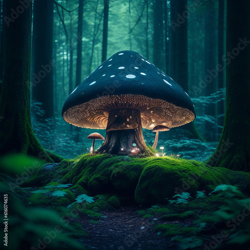 a mushroom sitting on top of a lush green forest.