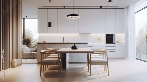 A contemporary kitchen that features a clean design with a white interior  enhanced by wood and marble accents. Photorealistic illustration  Generative AI