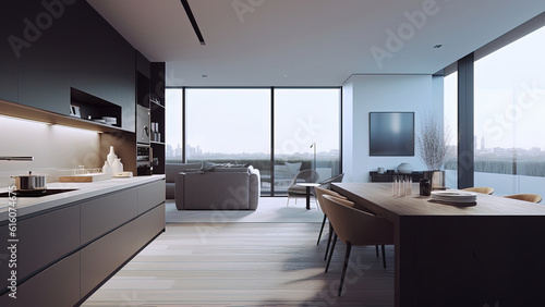 A white kitchen offering a panoramic view while the sleek gray built-in furniture adds a touch of sophistication. Photorealistic illustration  Generative AI