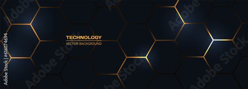 Hexagon technology honeycomb black and yellow wide abstract background. Vector illustration