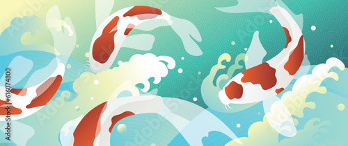 Luxury oriental style background vector. Chinese and Japanese wallpaper pattern design of elegant koi carp fish, sea wave with line art. Design illustration for decoration, wall decor.