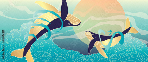 Luxury gold oriental style background vector. Chinese and Japanese wallpaper pattern design of elegant whales, sea wave, moon with gold line. Design illustration for decoration, wall decor. 
