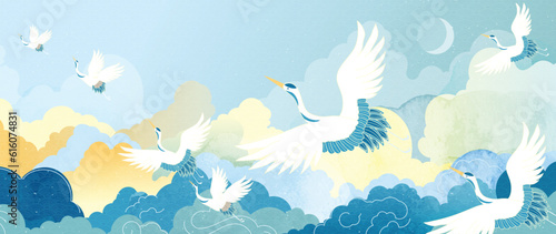 Luxury gold oriental style background vector. Chinese and Japanese wallpaper pattern design of elegant crane birds, cloud with watercolor texture. Design illustration for decoration, wall decor. 